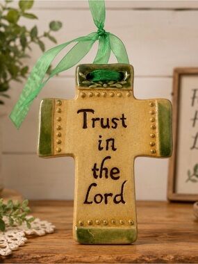 Ceramic Cross Ornament “Trust in the Lord” Wall Hanging |Christian Decor | 5”
